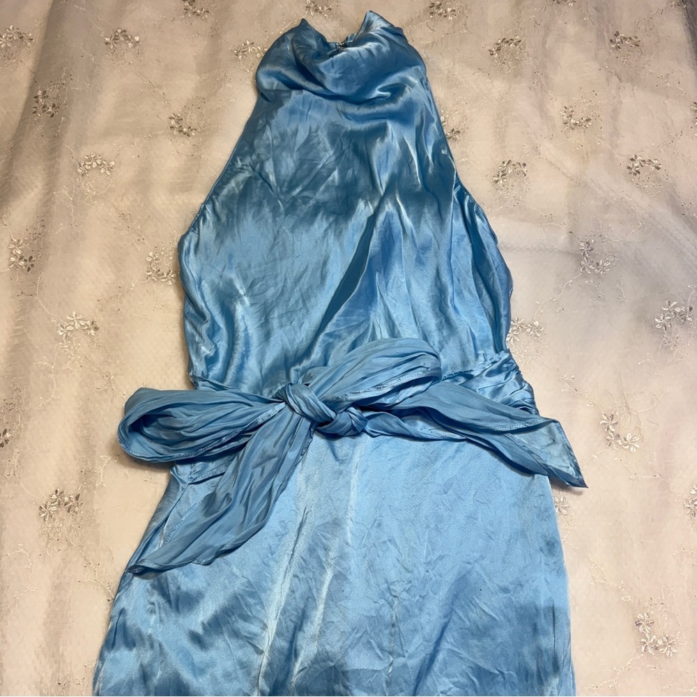 AMANDA UPRICHARD Sandrine Dress in Pacific 100% Silk Tie Front Mini Dress XS - Picture 9 of 9